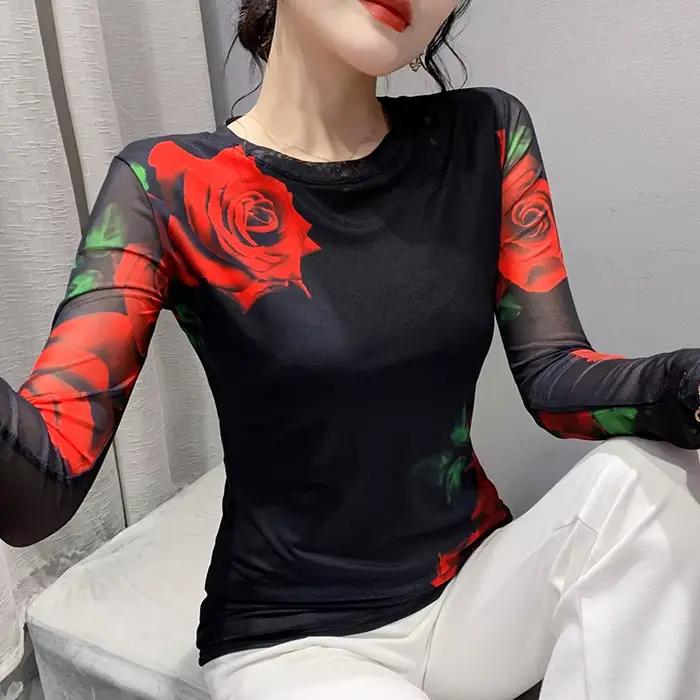 Taille S-3XL filles impression fixe maille T-Shirts T-Shirts femme manches longues col rond extensib