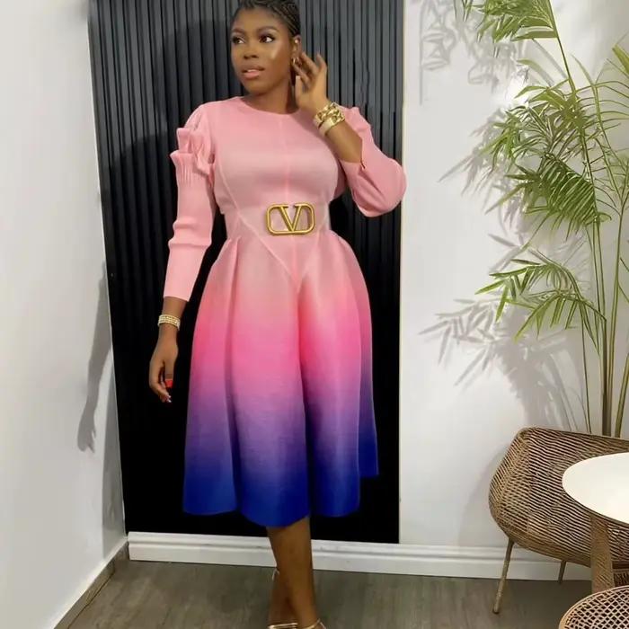 Robe trois maisons plissée pour femme, col rond, manches longues, ourlet conique, moelleux, ata yake