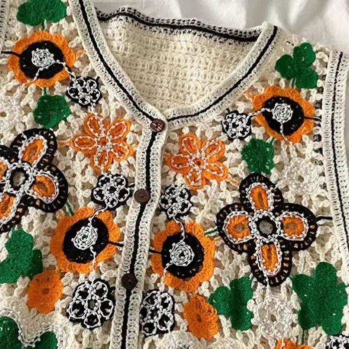 Femmes Vintage creux Crochet tricot gilet gilet ethnique perlé broderie coloré Floral sans manches c