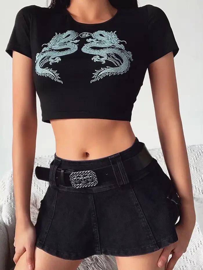 T-shirt manches courtes imprimé Dragon pour femmes, haut court à la mode pour le Shopping, usage quo