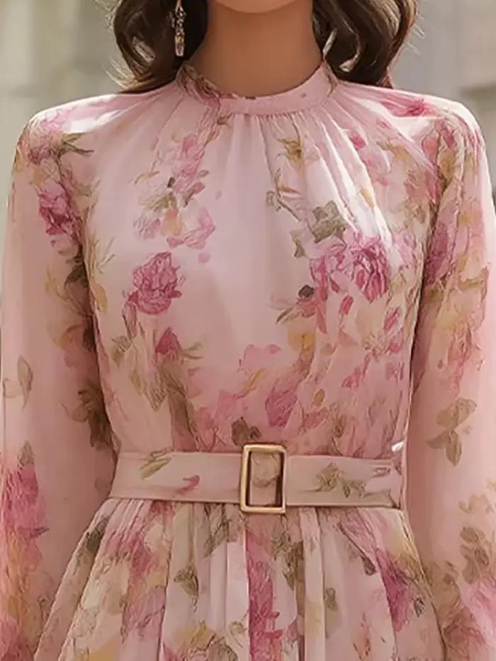 Robe longue chic à imprimé patchwork pour femme, manches bouffantes, col rond, idéale pour les fêtes