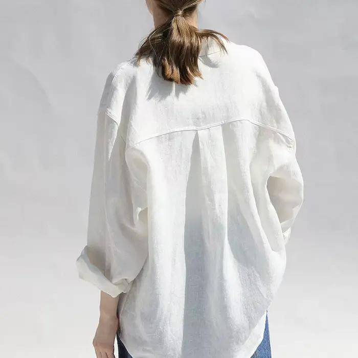 Chemisier surdimensionné à col rabattu pour femme, chemise décontractée en lin, manches longues, élé