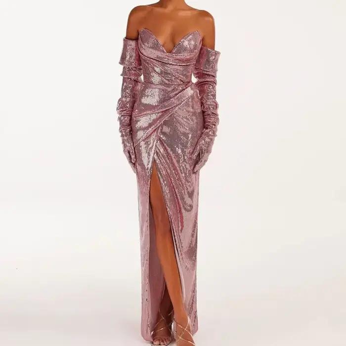 Robe de soirée sans bretelles à paillettes de couleur rose avec une fente sur les cuisses, robe long