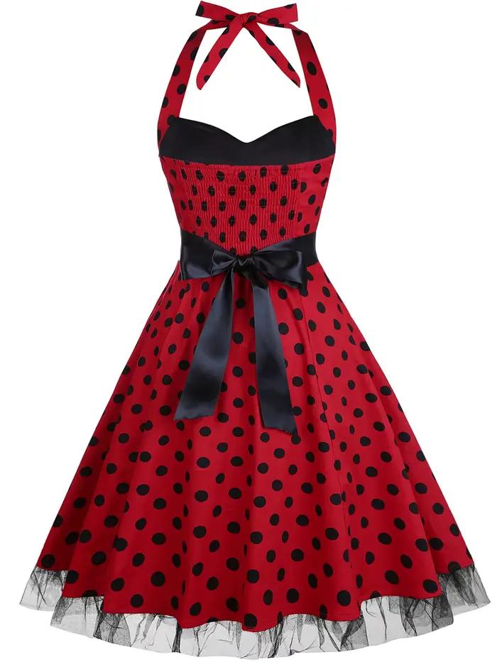 Robe vintage pour femme, style Hepburn, col halter, à pois, élégante, coupe évasée, style années 50,