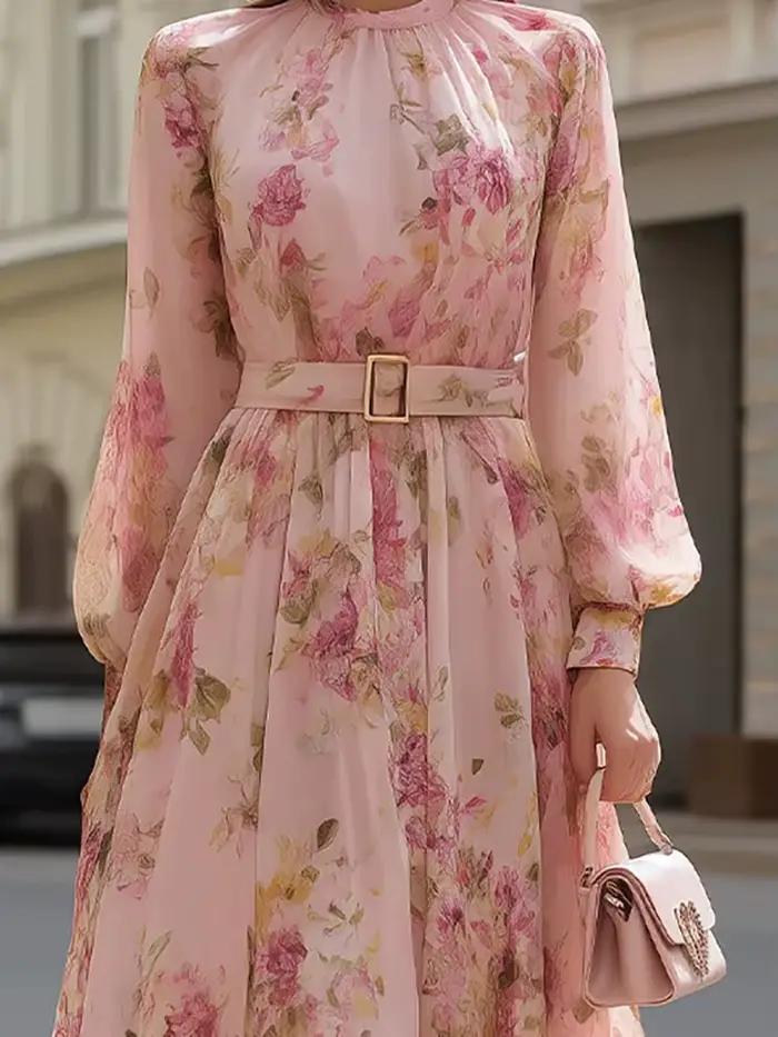 Robe longue chic à imprimé patchwork pour femme, manches bouffantes, col rond, idéale pour les fêtes