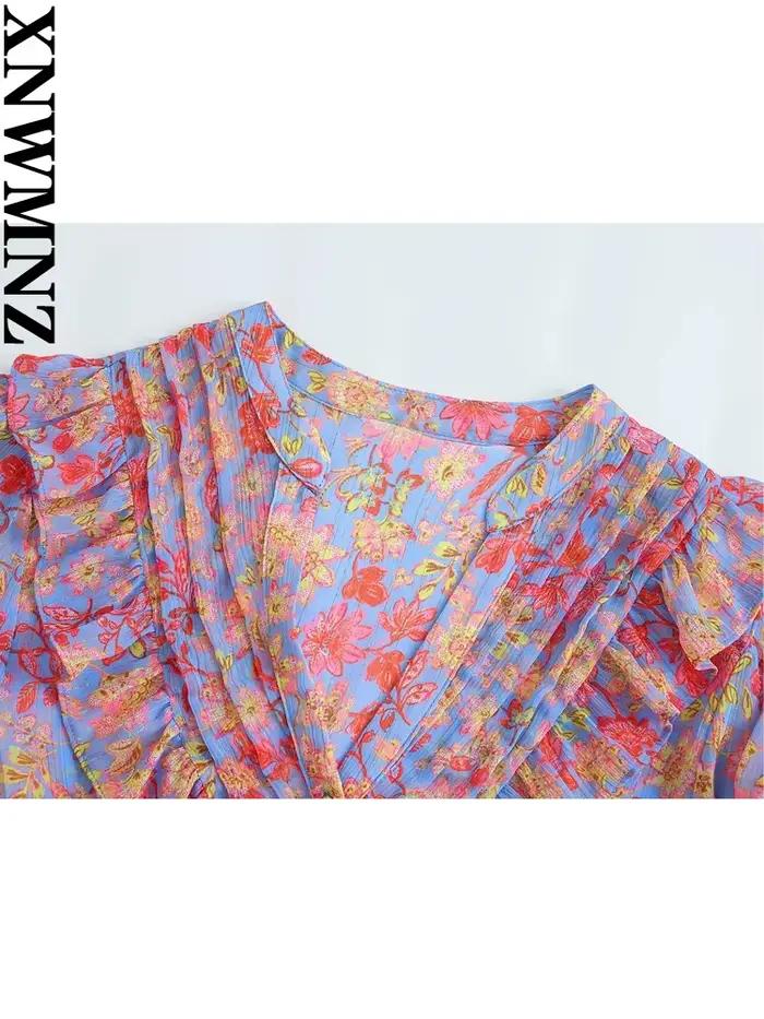 XNWMNZ-Chemise à Imprimé Floral pour Femme, Chemisier Chic à la Mode, Col en V, Manches sulf, Volant