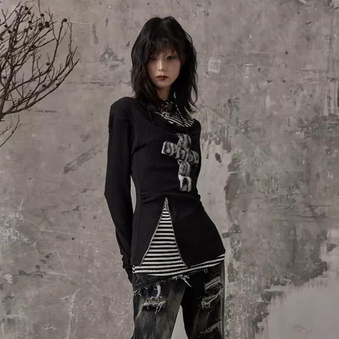 Karrcat Grunge esthétique faux deux pièces hauts Trashy Y2k à manches longues tricoté hauts Wastelan