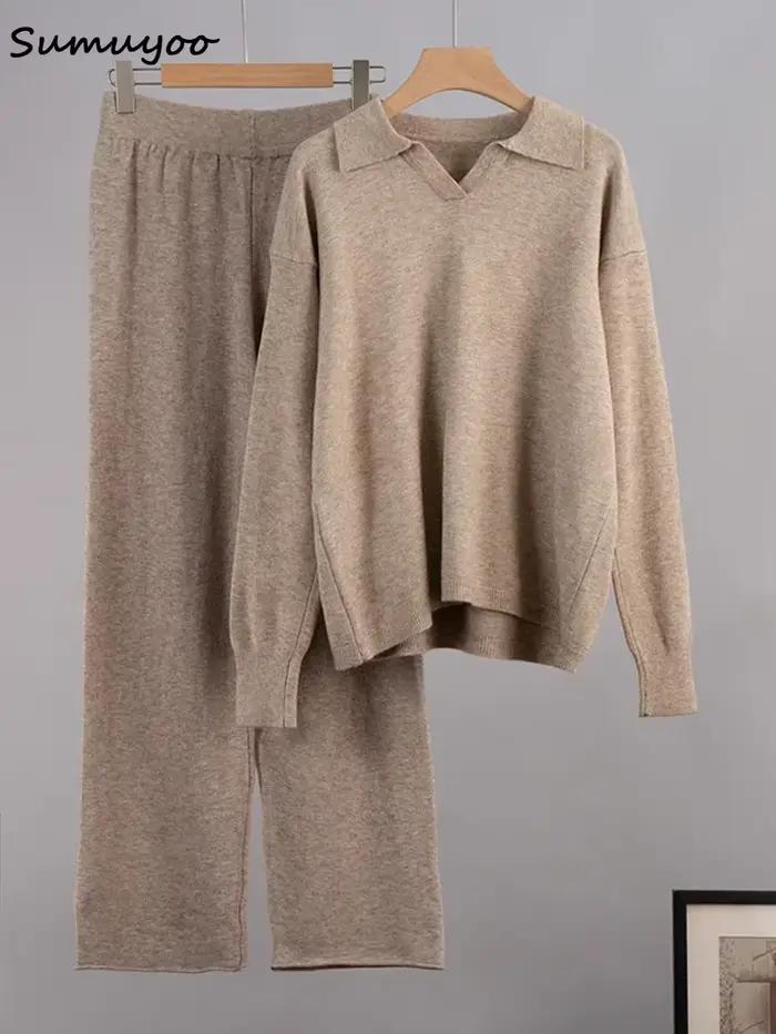 Sumuyoo hiver épais femmes tricoté costumes cachemire doux 2 pièces ensembles femme col Polo pull et