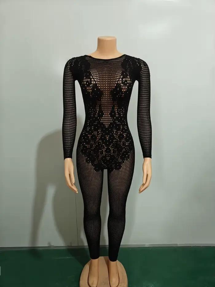 Combinaison moulante sexy en résille à manches longues pour femme, style club de nuit, collection po