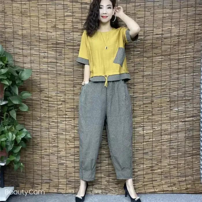 T-shirt et pantalon à carreaux en coton et lin pour femmes, manches courtes, imbibés, gros MM, ensem