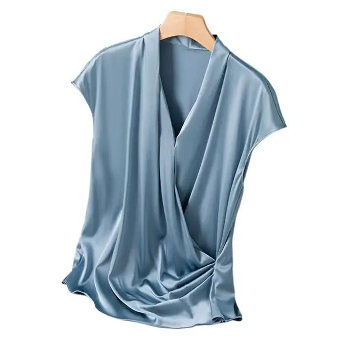 Chemisier Élégant en Satin pour Femme, Sexy, Col en V, Bureau, Chemises Décontractées, Couleur Unie,