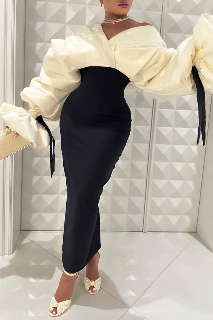 Grande taille formelle noir col portefeuille manches chauve-souris col en V dos nu manches longues p