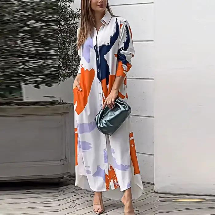 Robe Longue à Col Rabattu pour Femme, Chemise à lèvent, Robes de Soirée Imprimées avec Poches, Autom