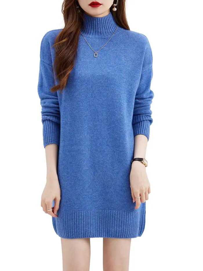 Pull à col roulé femmes pulls 100% laine mérinos longue robe pull automne hiver chaud à manches long