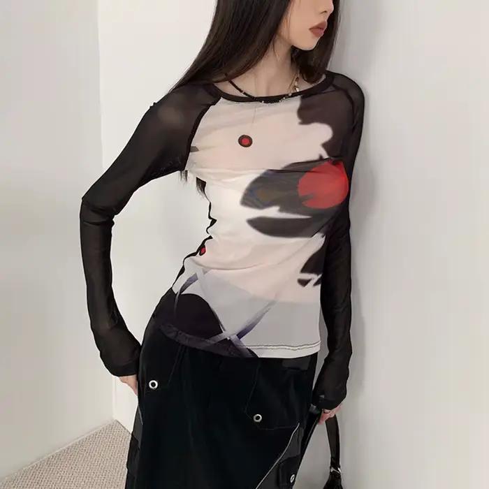 T-shirt en maille Karrcat cyber-y2k, hauts imprimés Grunge esthétique japonais Harajuku, teinture pa