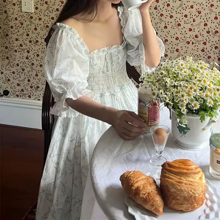 Chemise de nuit d'été à manches courtes, imprimé doux, col carré français, princesse Victoria, 100%