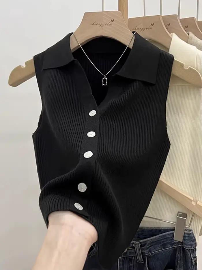 Cardigan tricoté de couleur unie pour femmes, pull coréen sans manches à simple boutonnage, col rond