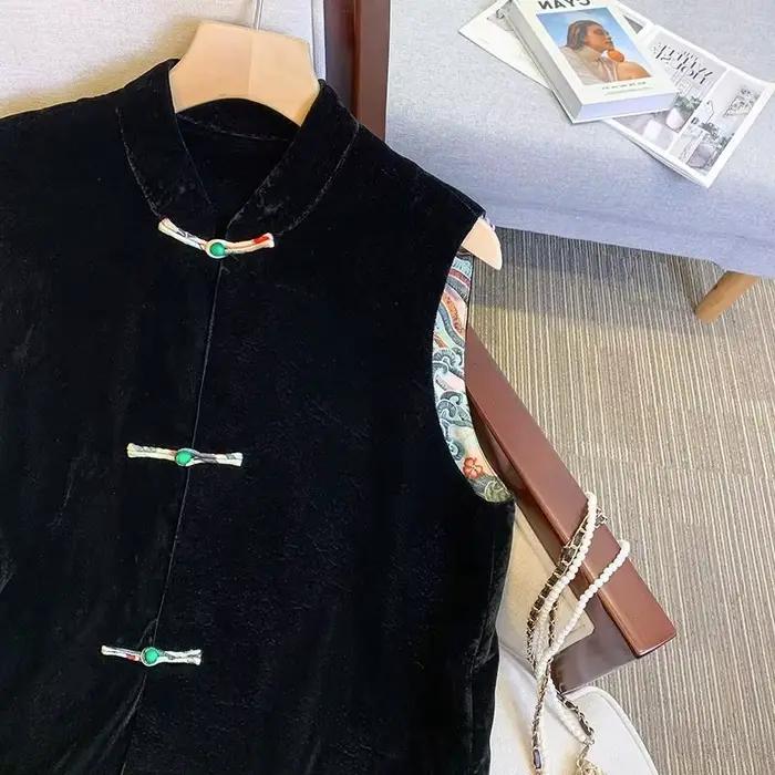 Rongbuk-Manteau Noir à Col Glacé pour Femme, Vêtement de Style Chinois, avec Fente, à la Mode, Autom