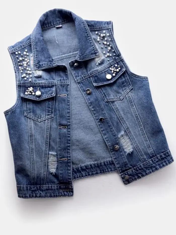JMPRS Denim femmes gilet de luxe perles mode déchiré automne jean veste sans manches ample court man