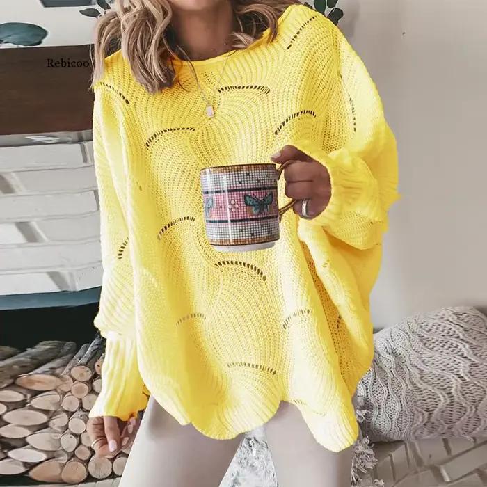 Pull à manches lanternes pour femme, élégant, ample, tricoté, décontracté, col ras du cou, couleur u