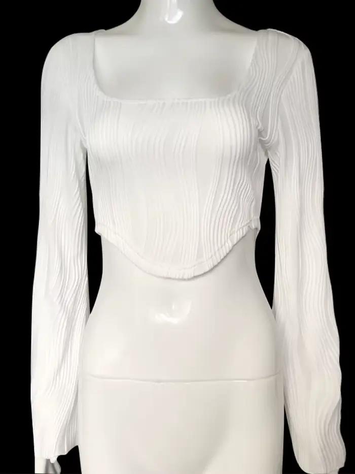 Manches longues femmes texturé culture hauts mode encolure dégagée Hanky ourlet couleur unie court c