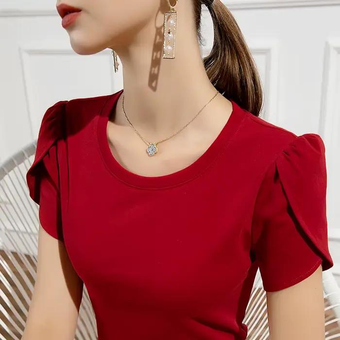 Femmes doux pétale à manches courtes coton T-shirts hauts dame O cou t-shirt pulls hauts pour les fi