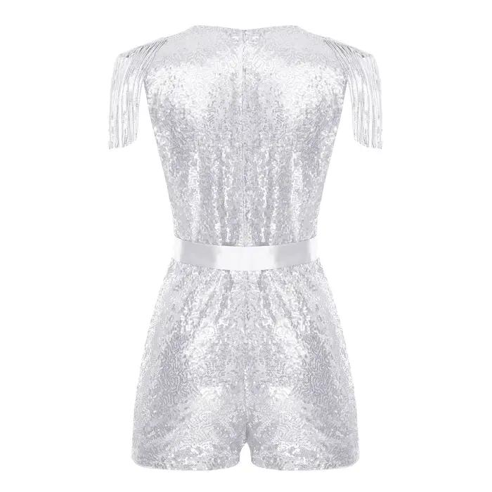 Barboteuse à paillettes et pompons pour femmes, combinaison chaude, col en v, sans manches, scintill