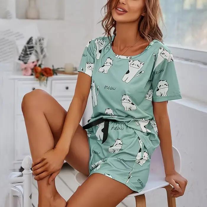 Ensemble pyjama imprimé chat dessin animé pour femme, haut à manches courtes et short, vêtements de