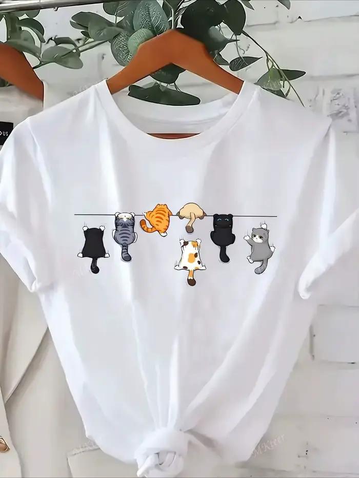 Femmes mignon chat imprimé col rond à manches courtes t-shirt style décontracté blanc à manches cour