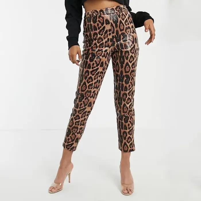 Leggings en similicuir PU imprimé léopard pour femmes, collants extensibles vintage, taille haute, s