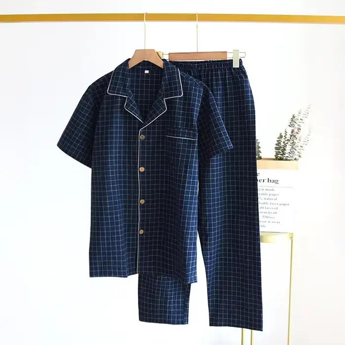 Ensemble de pyjamas FJJ pour hommes, tissu en coton à carreaux fins, manches courtes, pantalons long