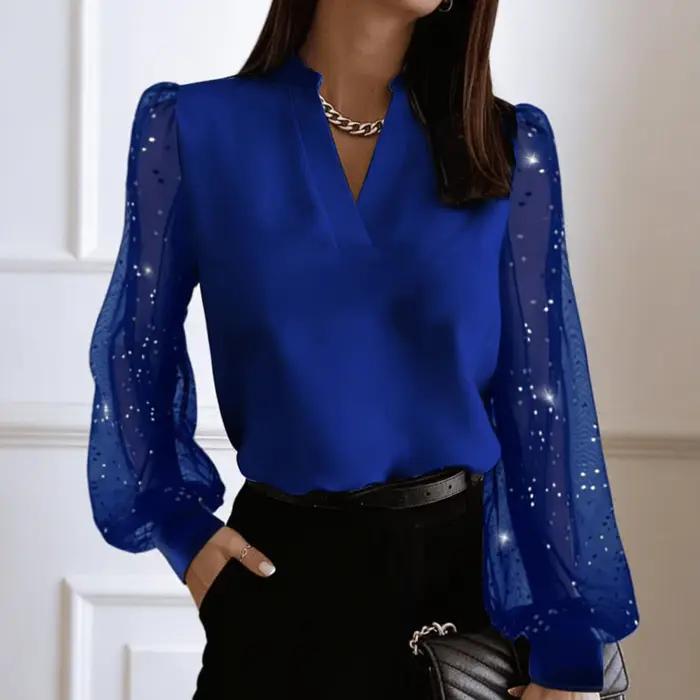 Chemisier bleu pour femme, col en V, manches bouffantes transparentes à sequins, élégant, en moussel