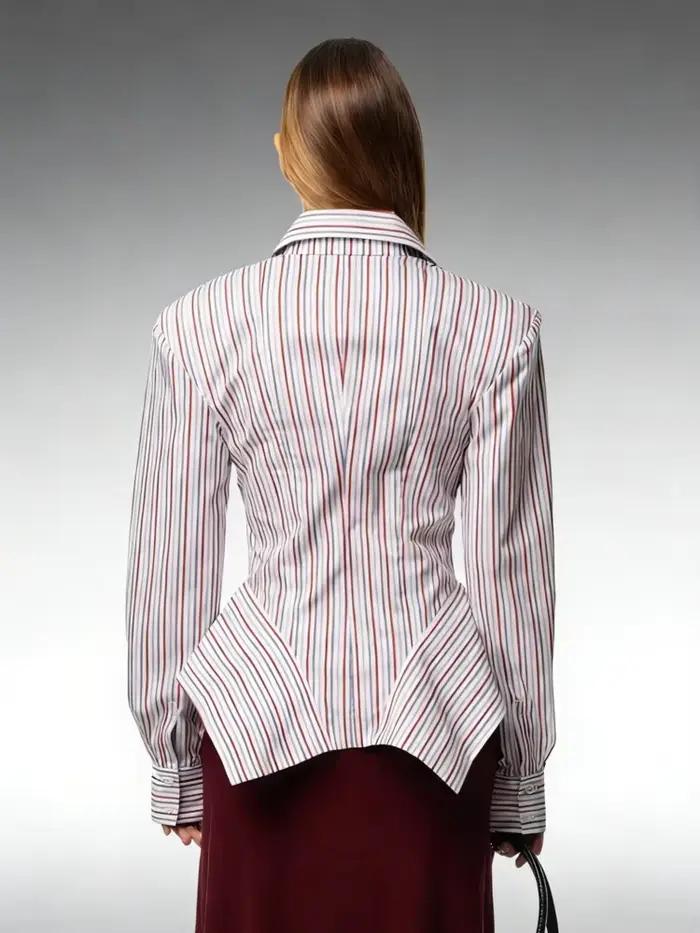 Chemisier rayé élégant DFDG pour femme, collection Printemps-Été 2026, col pointu, manches longues,