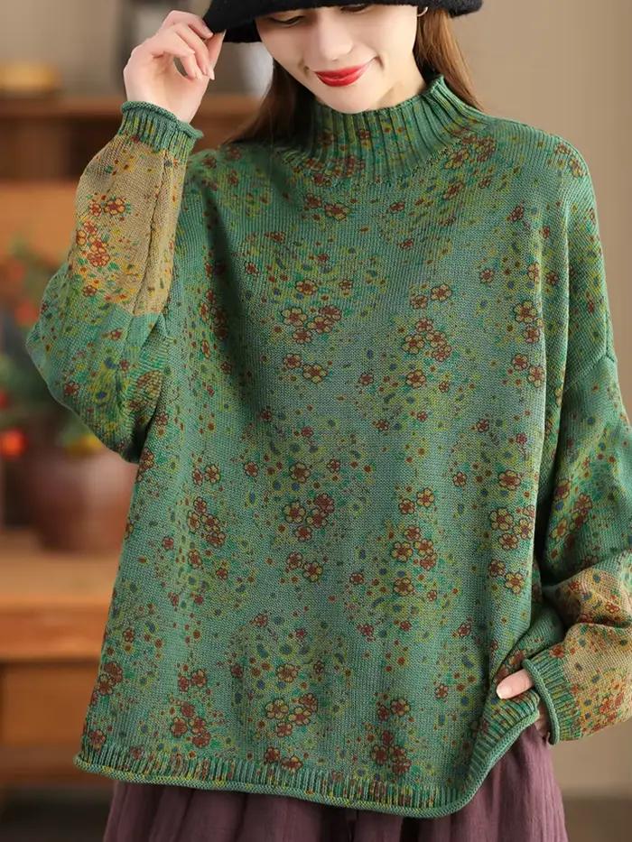 Amax luluE 2024 hiver mode col roulé chandails femmes classique lâche pulls floraux femmes Vintage l