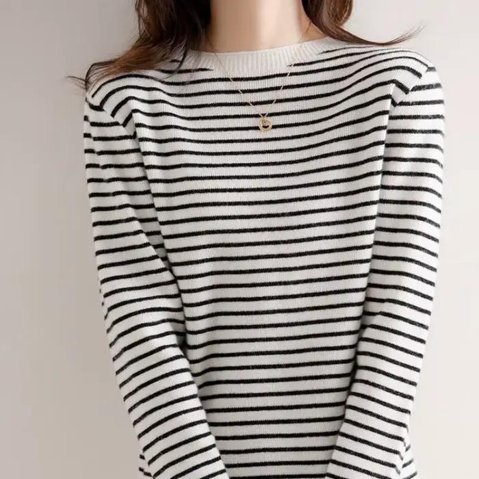 Pull décontracté à manches longues pour femmes, pulls rayés à col rond, pull basique, tricots chauds