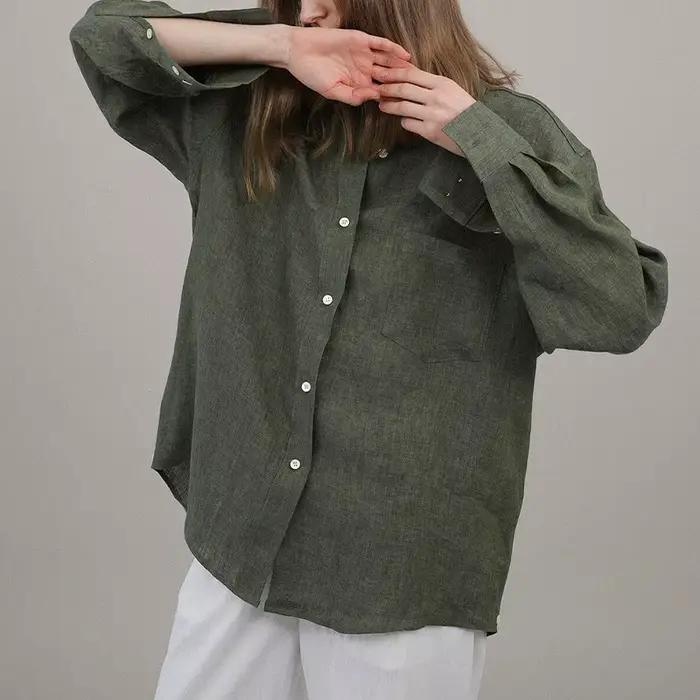 Chemisier surdimensionné à col rabattu pour femme, chemise décontractée en lin, manches longues, élé