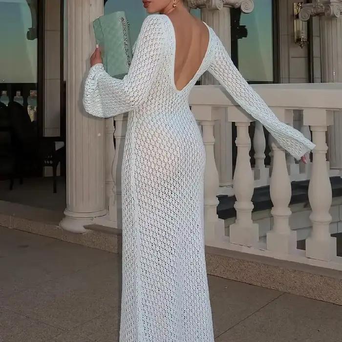 Robe de plage longue en tricot pour femmes, Sexy, ajourée, décolleté en v profond, manches longues,