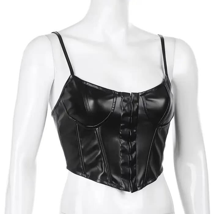 Corset femme Sexy noir en cuir PU Bustier haut court mode dame sans manches sangle Camis Clubwear ét