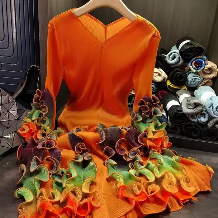 ANLAN mode col en v robe pliée pour les femmes 2025 nouveau Design de haute qualité coloré lisière f