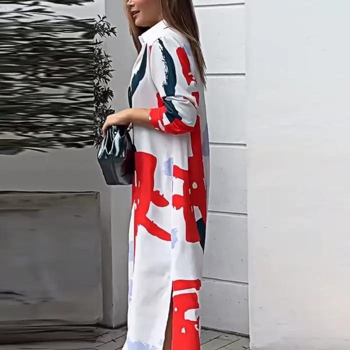 Robe Longue à Col Rabattu pour Femme, Chemise à lèvent, Robes de Soirée Imprimées avec Poches, Autom
