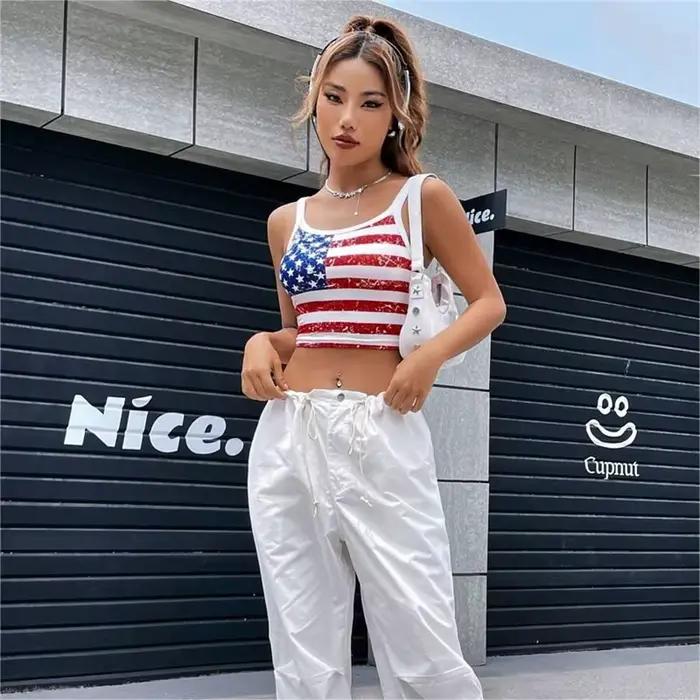 Gothique Punk nouveau 2024 drapeau américain haut court Sexy dos nu réservoir mince femmes Mini gile