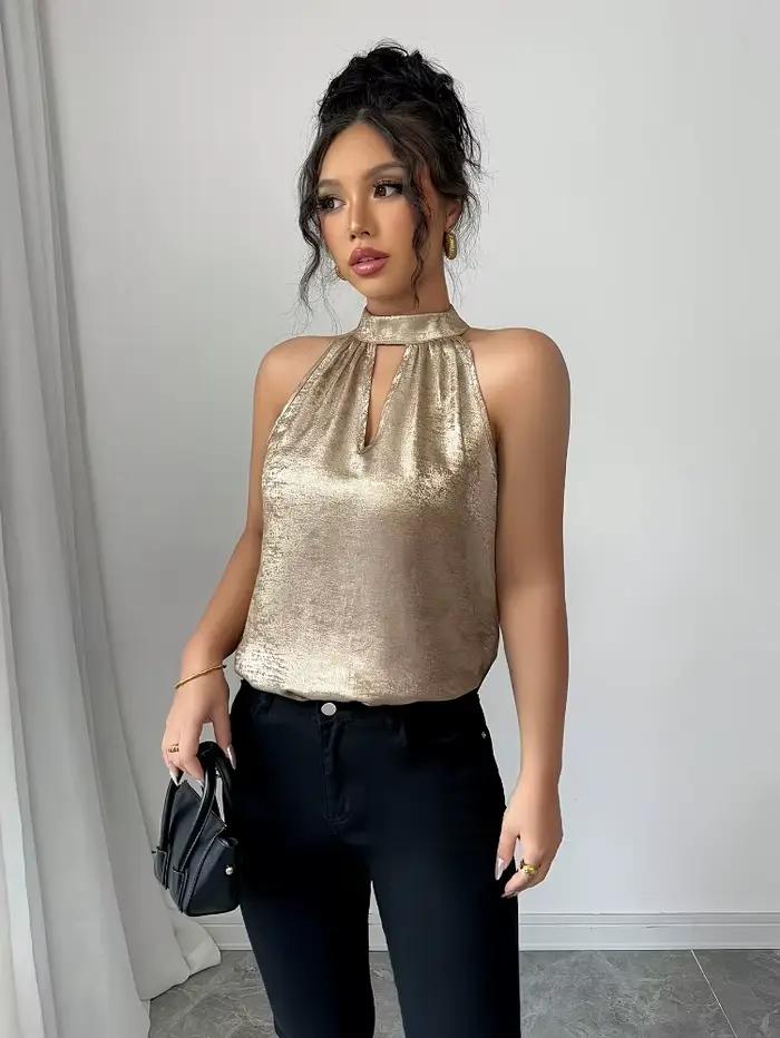 Chemise élégante et sexy pour femmes, couleur champagne dorée brillante, col halter, épaules dénudée