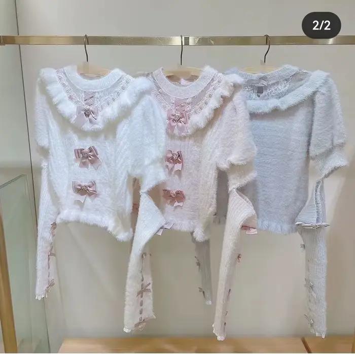 Style japonais mignon doux détachable nœud papillon fourrure manches longues mince pull automne et h