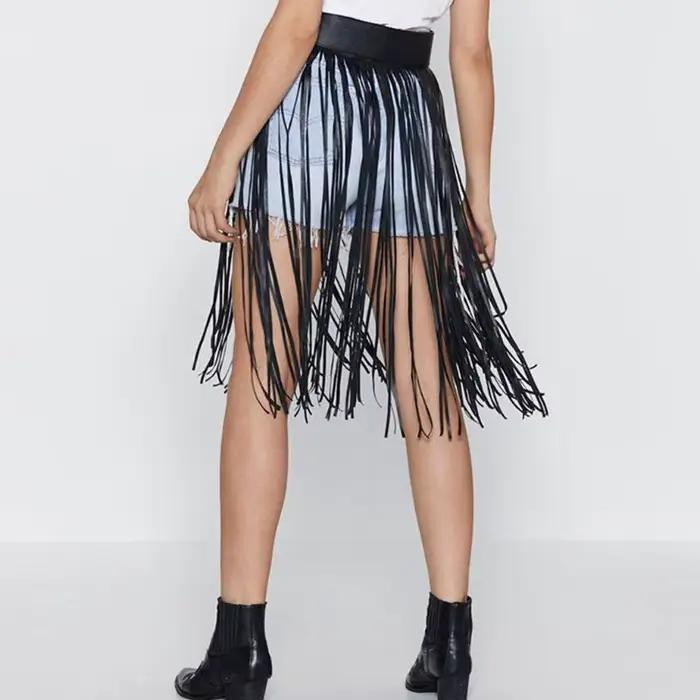 Jupe à franges en Faux pour femmes, taille haute, harnais avec boutons à pression, fête d'halloween,