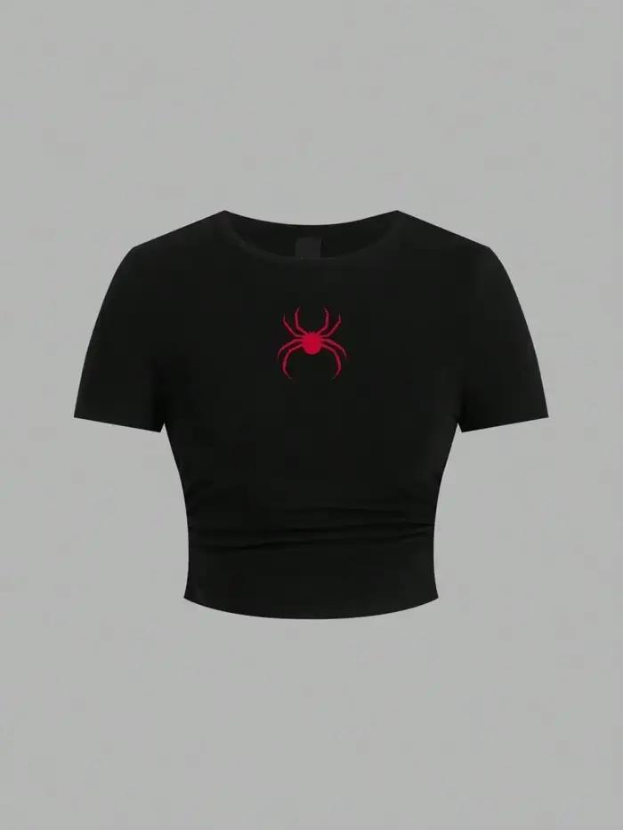 Haut court imprimé araignée rouge Simple, T-Shirt ajusté pour femmes, mode de rue, confortable, doux