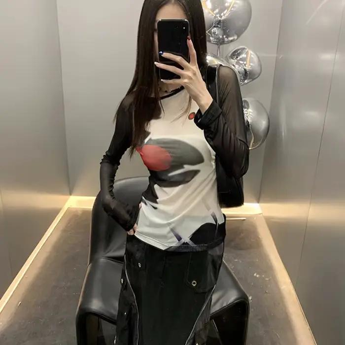 T-shirt en maille Karrcat cyber-y2k, hauts imprimés Grunge esthétique japonais Harajuku, teinture pa
