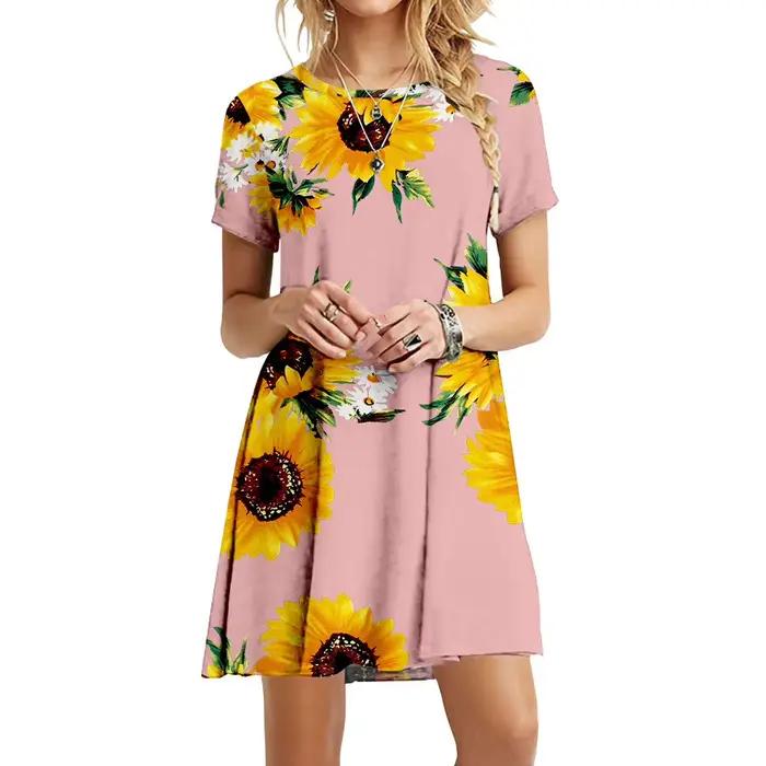 Robe à imprimé tournesol Boho pour femmes, robes à col rond pour dames, manches courtes, décontracté