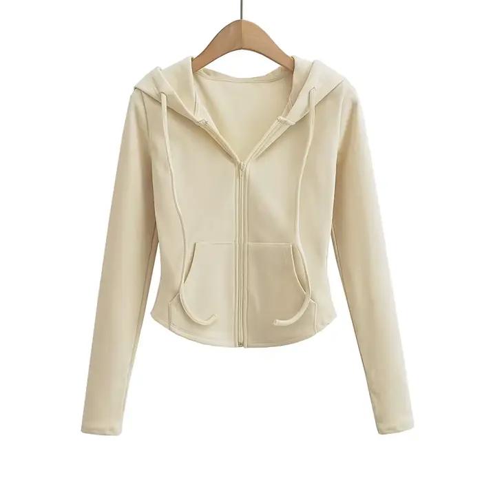 Sweat à capuche court à manches longues pour femmes, haut court, sexy, slim, fermeture éclair complè