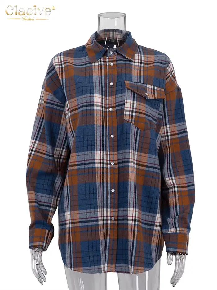 ClacMarkets-Chemisier à carreaux à manches longues pour femmes, haut surdimensionné vintage, chemise
