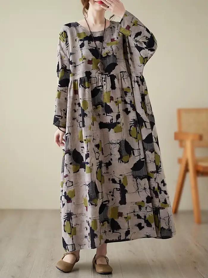 Robes amples en coton à manches longues imprimées style vintage pour femmes – Collection Printemps-A
